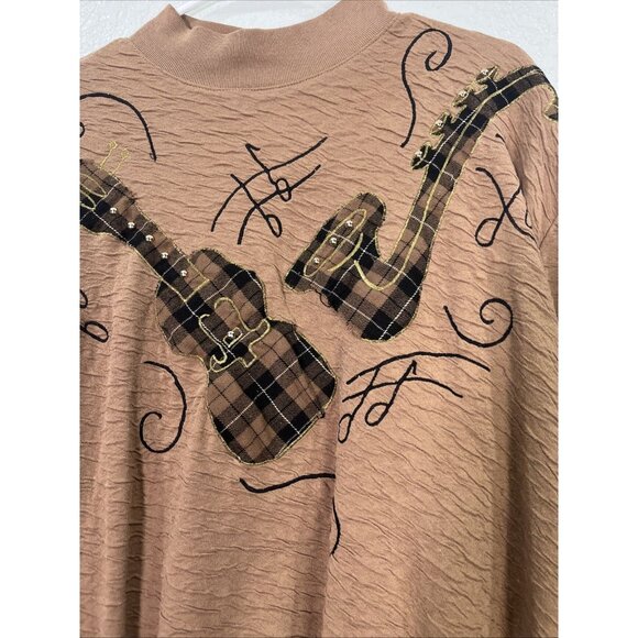 Donna Toran Vtg Crewneck Sweater Womens XL Brown Embroidered Music Crinkle Knit - Picture 2 of 8